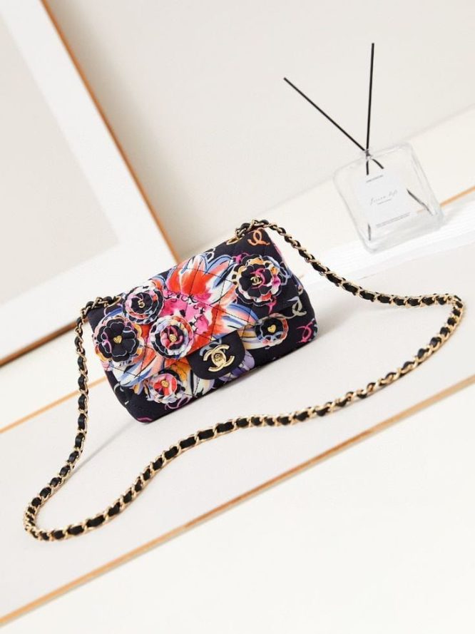 CHANEL-  Printed Fabric Quilted Camellia Flap Black Multicolor