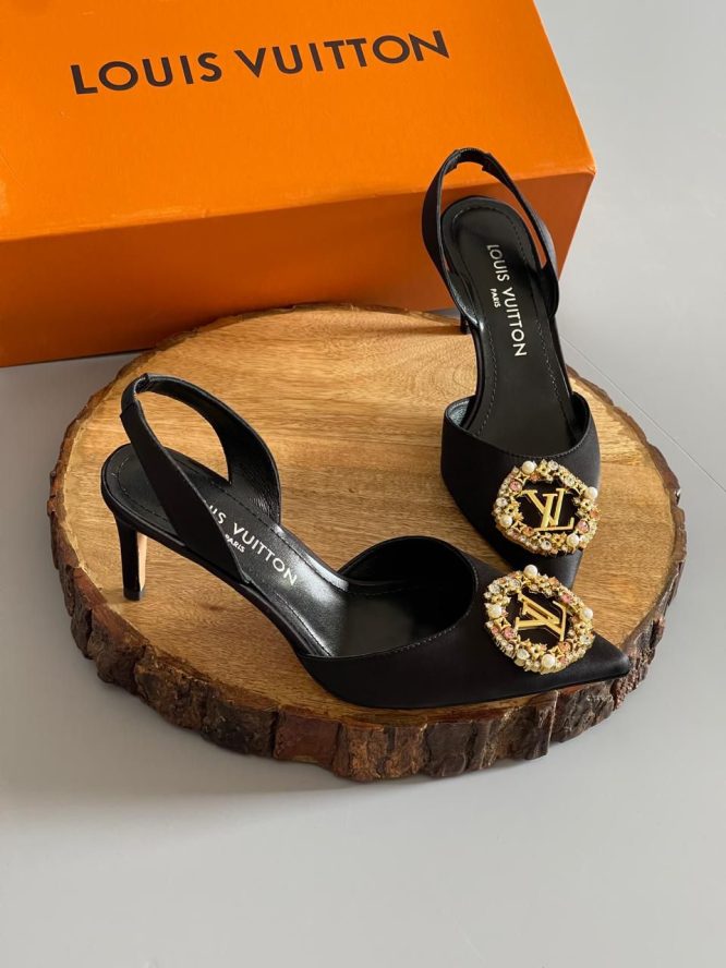 LOUIS VUITTON-  BLACK SATIN EMBELLISHED PEEP TOE PUMPS