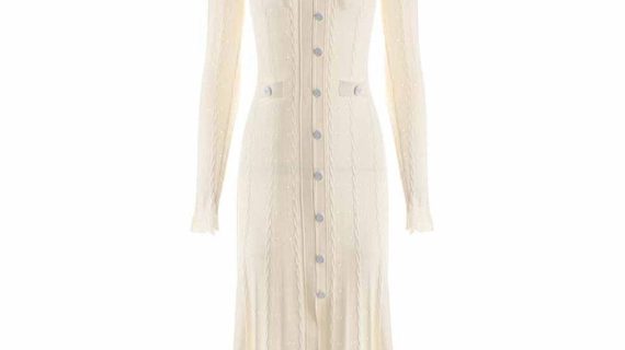 WOMEN SINGLE-BREASTED LONG HOLLOW KNIT DRESS ELASTIC SLIM BEIGE MIDI KNIT DRESS