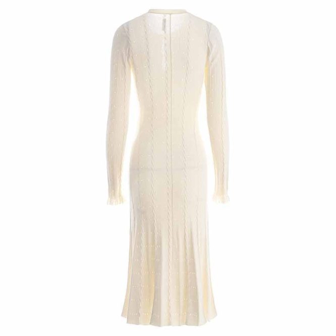 WOMEN SINGLE-BREASTED LONG HOLLOW KNIT DRESS ELASTIC SLIM BEIGE MIDI KNIT DRESS