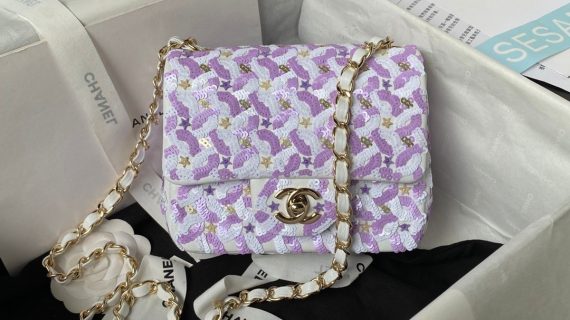 CHANEL- WOMEN CC MINI FLAP BAG EMBROIDERED SATIN SEQUINS GLASS BEADS STRASS STAR SEQUINS PURPLE WHITE