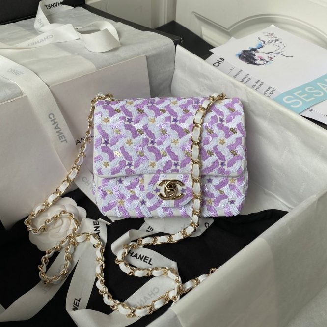 CHANEL- WOMEN CC MINI FLAP BAG EMBROIDERED SATIN SEQUINS GLASS BEADS STRASS STAR SEQUINS PURPLE WHITE