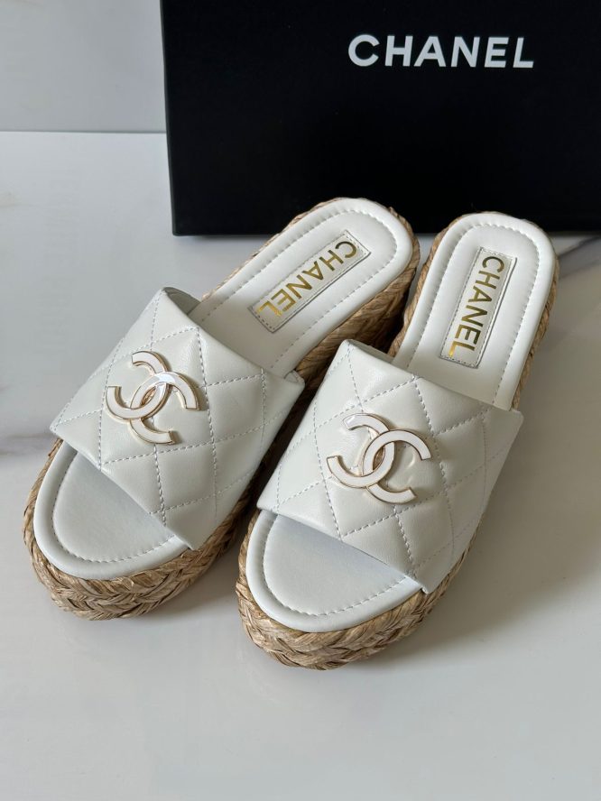 Chanel Cream Quilted Leather CC Platform - SANDAL