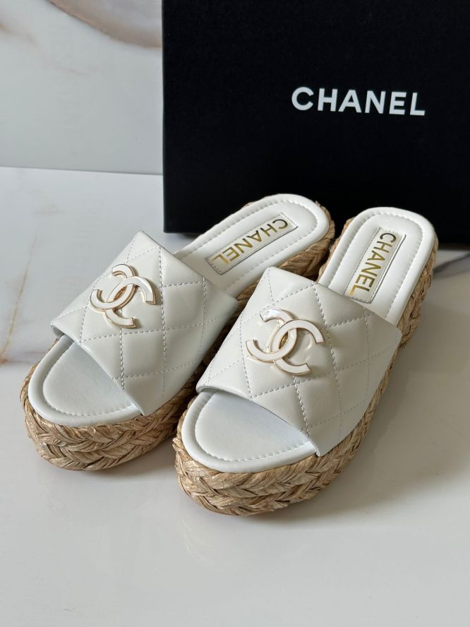 Chanel Cream Quilted Leather CC Platform - SANDAL