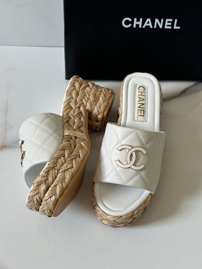 Chanel Cream Quilted Leather CC Platform - SANDAL