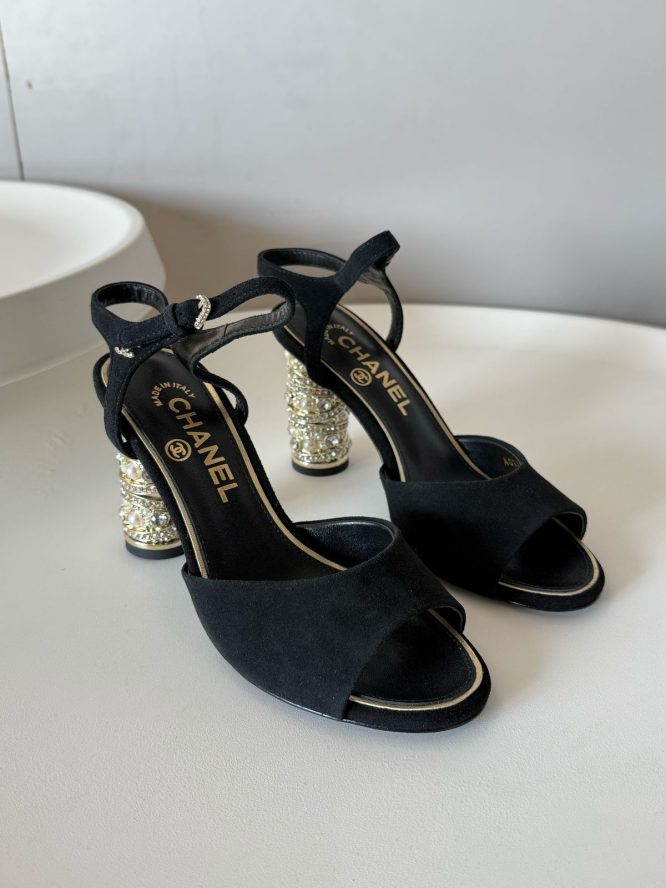 Chanel Sandals - Suede kidskin, imitation pearls, strass & metal, black