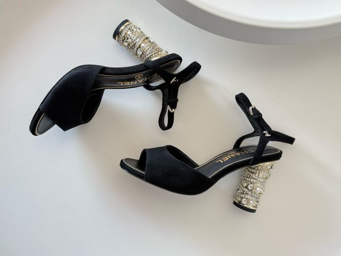 Chanel Sandals - Suede kidskin, imitation pearls, strass & metal, black