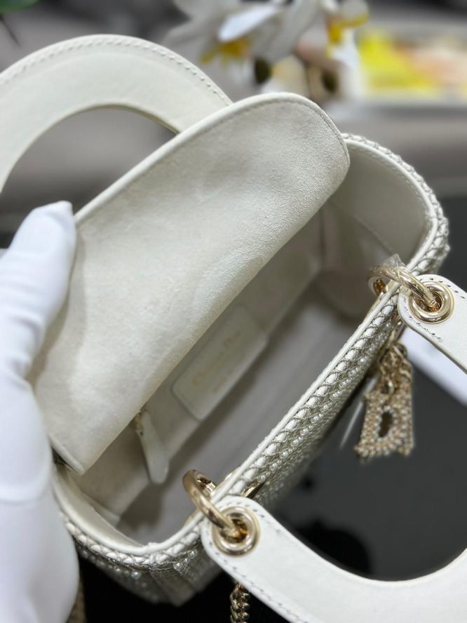 Dior - Mini Lady Bag Latte Calfskin Embroidered Entirely with White Resin Pearls - Women
