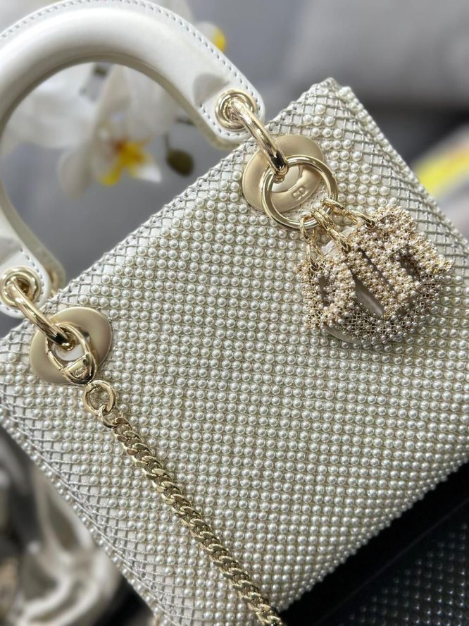 Dior - Mini Lady Bag Latte Calfskin Embroidered Entirely with White Resin Pearls - Women