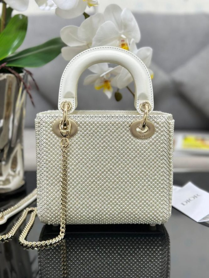 Dior - Mini Lady Bag Latte Calfskin Embroidered Entirely with White Resin Pearls - Women