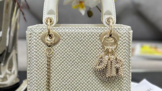 Dior - Mini Lady Bag Latte Calfskin Embroidered Entirely with White Resin Pearls - Women