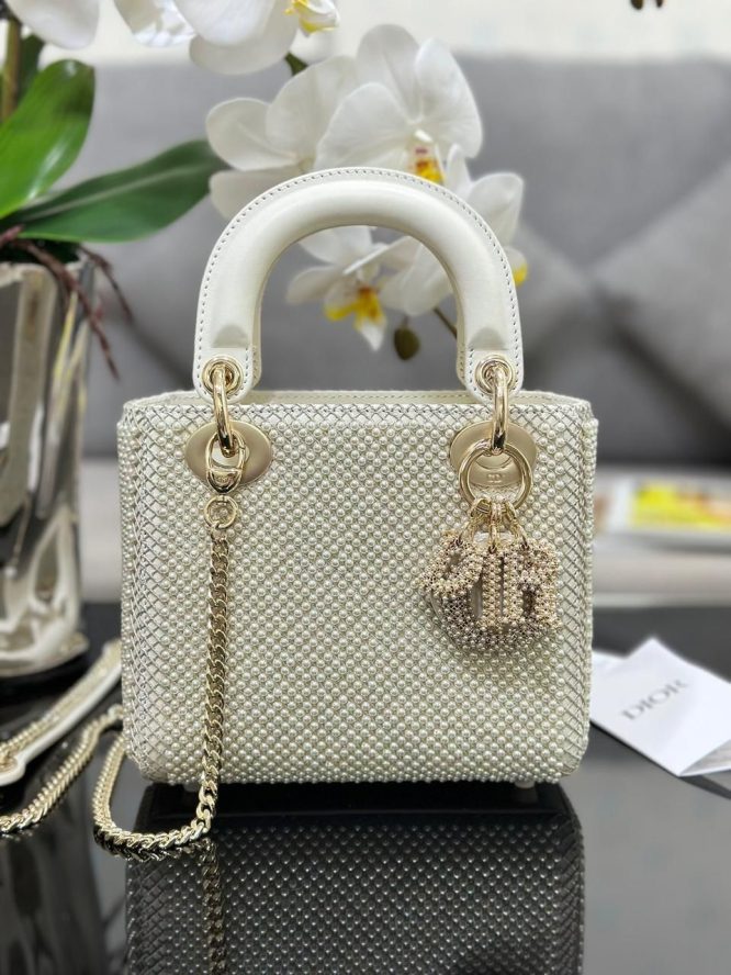 Dior - Mini Lady Bag Latte Calfskin Embroidered Entirely with White Resin Pearls - Women
