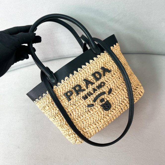 Prada Milano Raffia Tote With Leather Handles.
