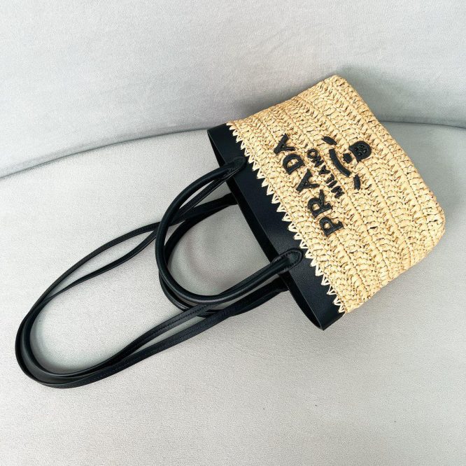 Prada Milano Raffia Tote With Leather Handles.