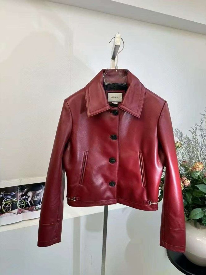 GUCCI-LEATHER JACKET WITH HORSEBIT DETAIL-WOMEN