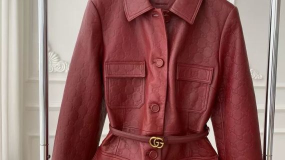 GUCCI-LEATHER JACKET WITH GG IN RELIEF-WOMEN