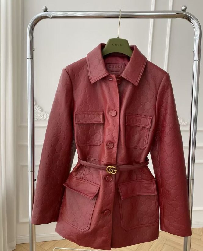 GUCCI-LEATHER JACKET WITH GG IN RELIEF-WOMEN