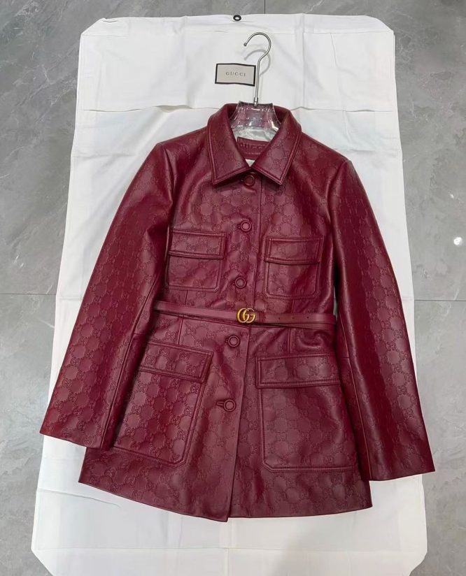 GUCCI-LEATHER JACKET WITH GG IN RELIEF-WOMEN