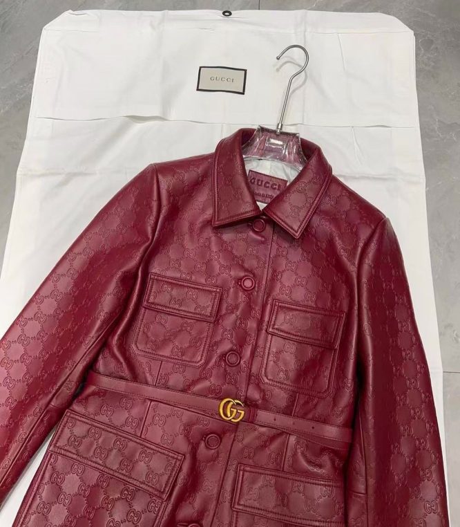 GUCCI-LEATHER JACKET WITH GG IN RELIEF-WOMEN