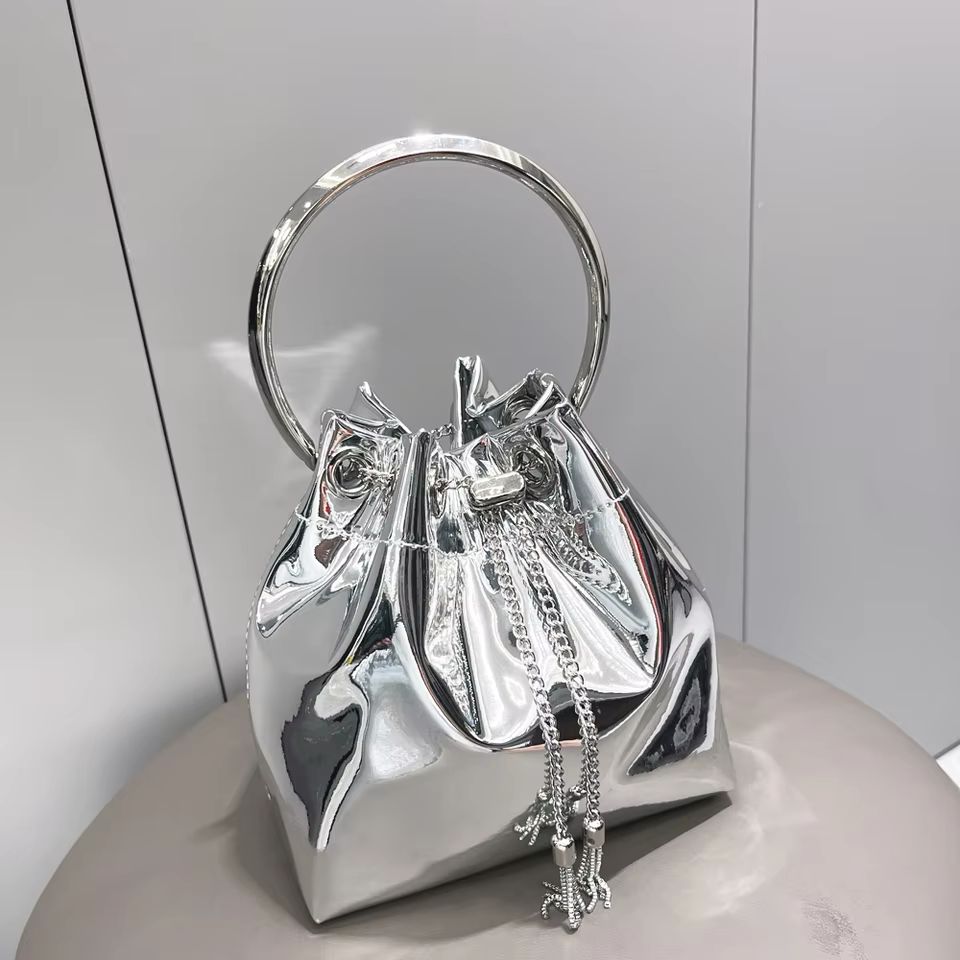 JIMMY CHOO-SILVER-METALLIC LEATHER-CLUTCH- BAG